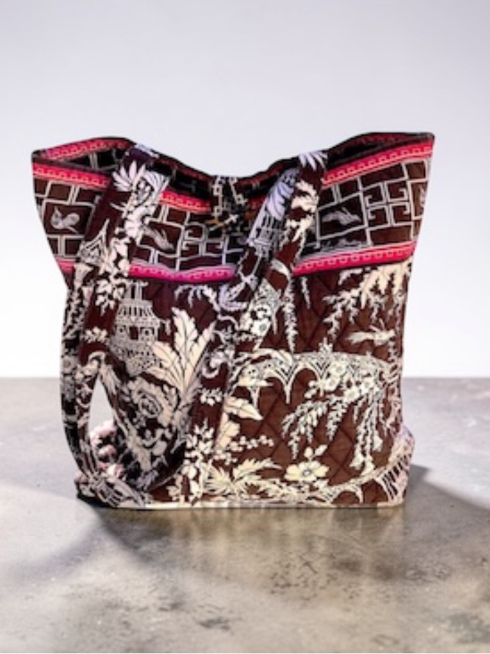 VERA BRADLEY Large Tote in Brown Pink White Asian Inspired print with pink trim